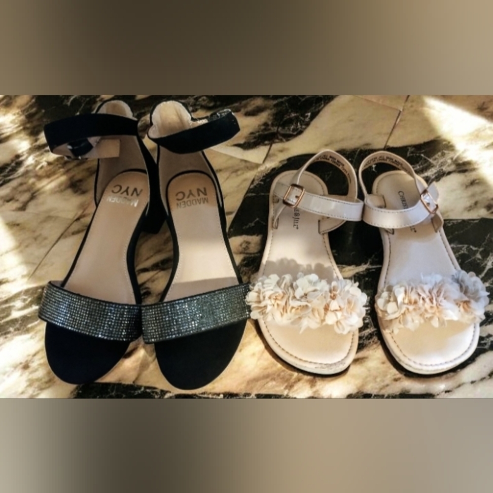 Madden NYC Black Ankle Strap Heels & Cream Floral Sandals - Little Girls Sz 13